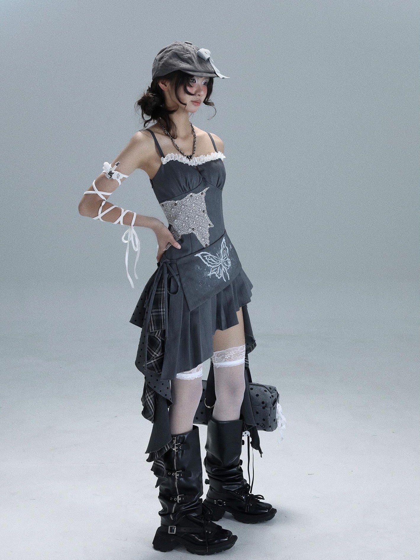 WSW WUSHENWU Gray White Polka Dot Check Patchwork Irregular Halter Women&