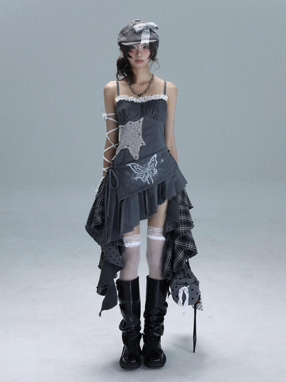 WSW WUSHENWU Gray White Polka Dot Check Patchwork Irregular Halter Women&