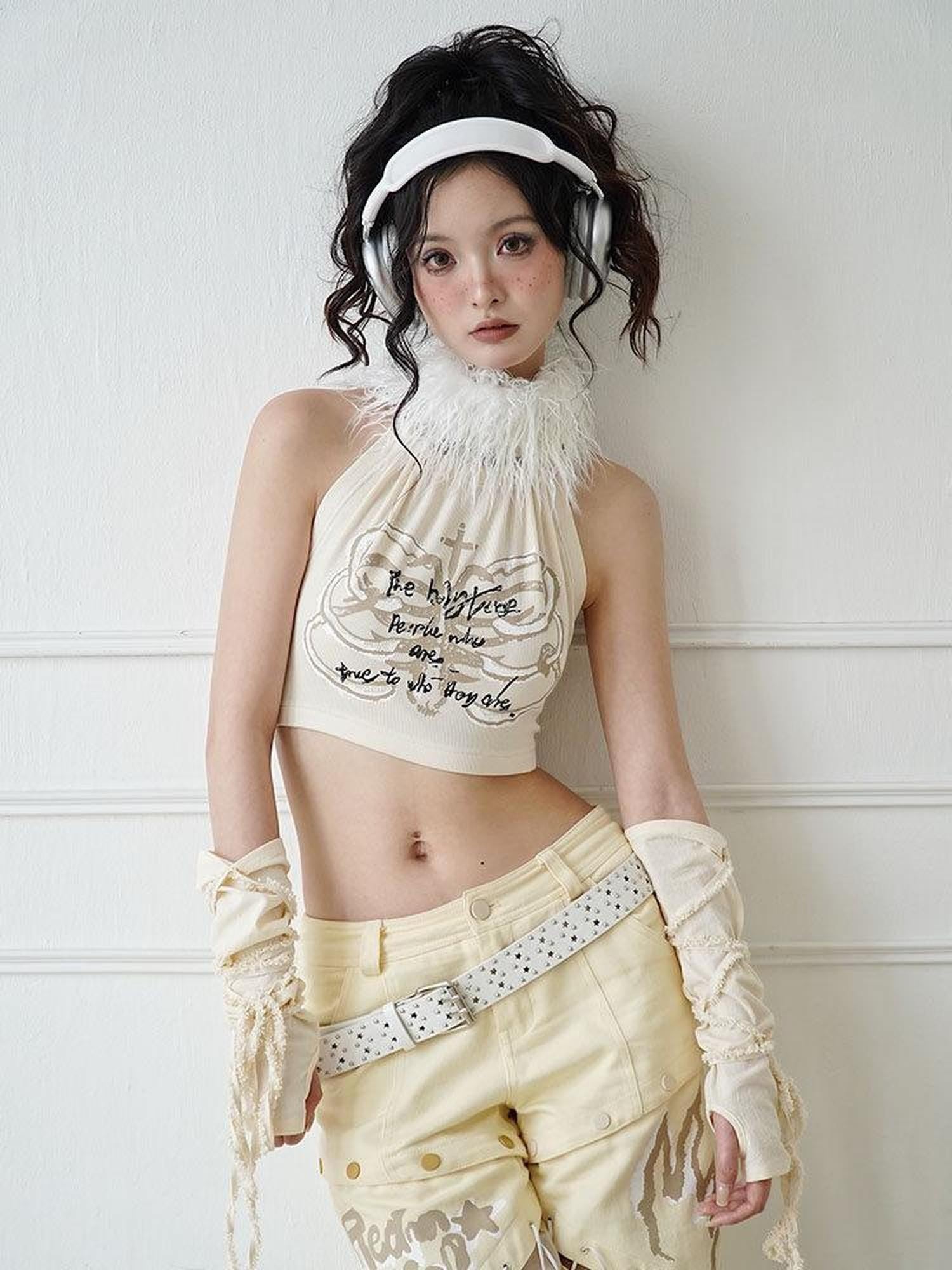 WSW WUSHENWU Ivory Printed Bandeau Halter Open Back Detachable Fur Women&