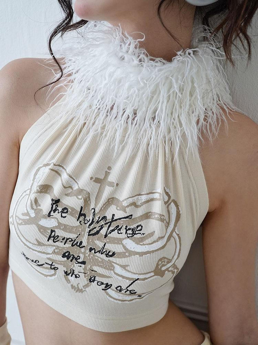 WSW WUSHENWU Ivory Printed Bandeau Halter Open Back Detachable Fur Women&