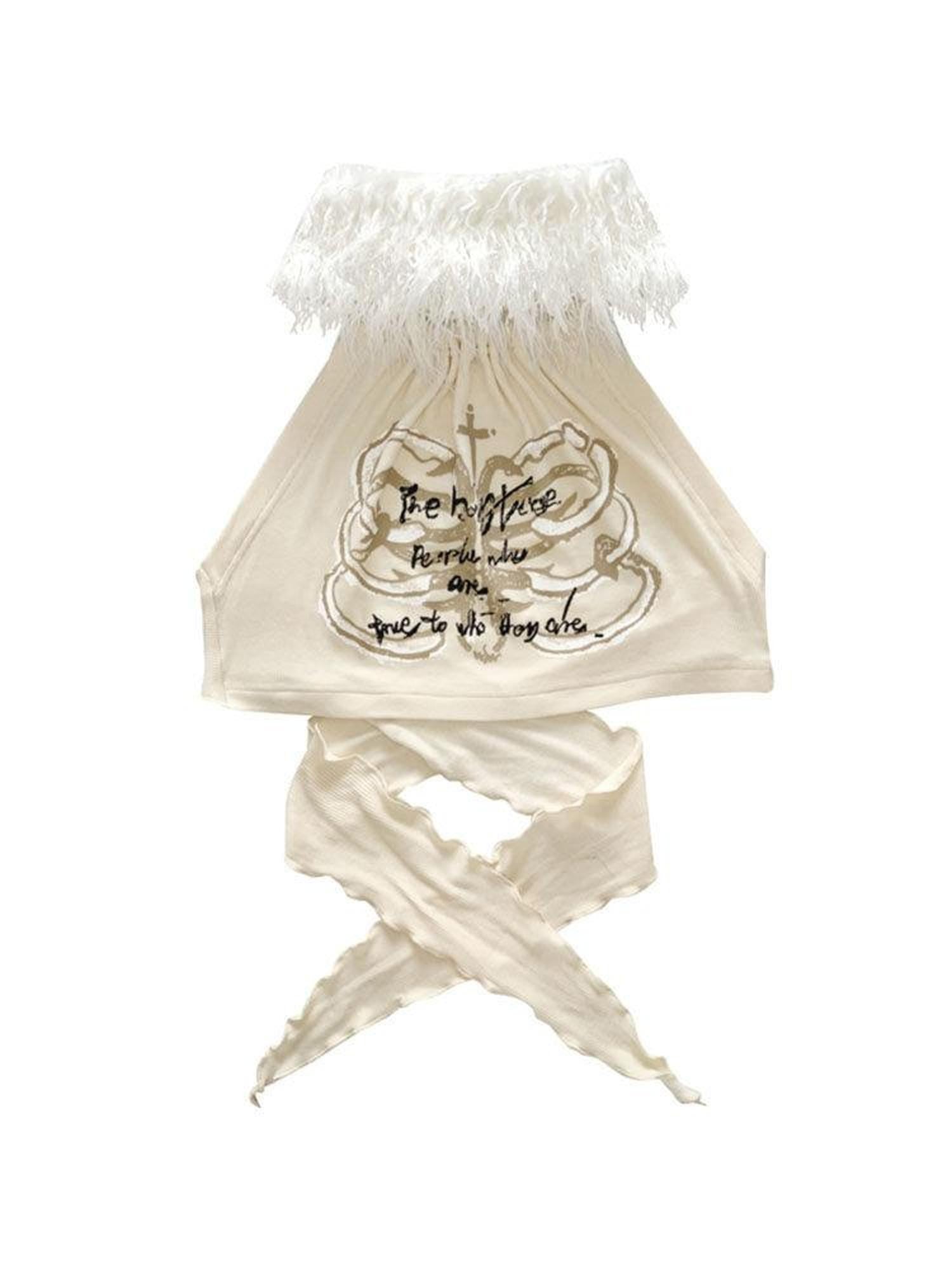 WSW WUSHENWU Ivory Printed Bandeau Halter Open Back Detachable Fur Women&