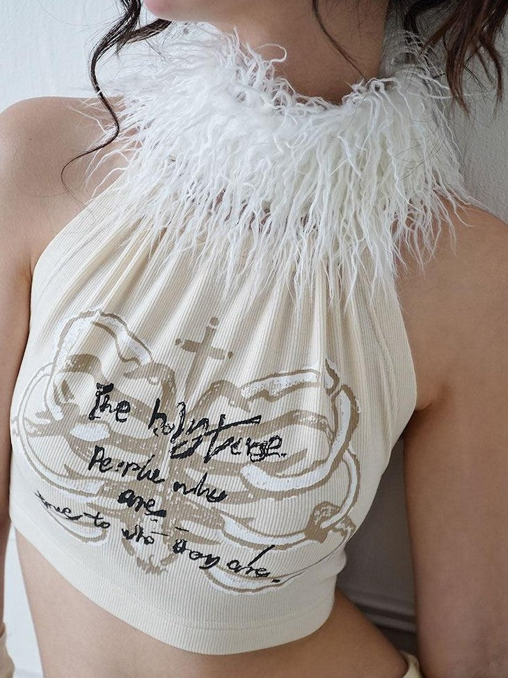 WSW WUSHENWU Ivory Printed Bandeau Halter Open Back Detachable Fur Women&