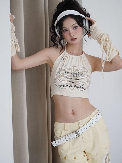 WSW WUSHENWU Ivory Printed Bandeau Halter Open Back Detachable Fur Women&