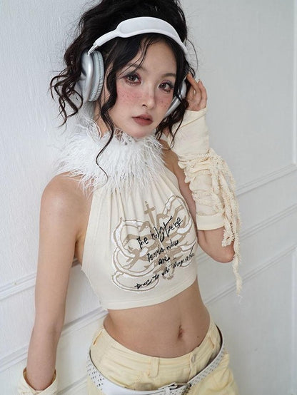 WSW WUSHENWU Ivory Printed Bandeau Halter Open Back Detachable Fur Women&