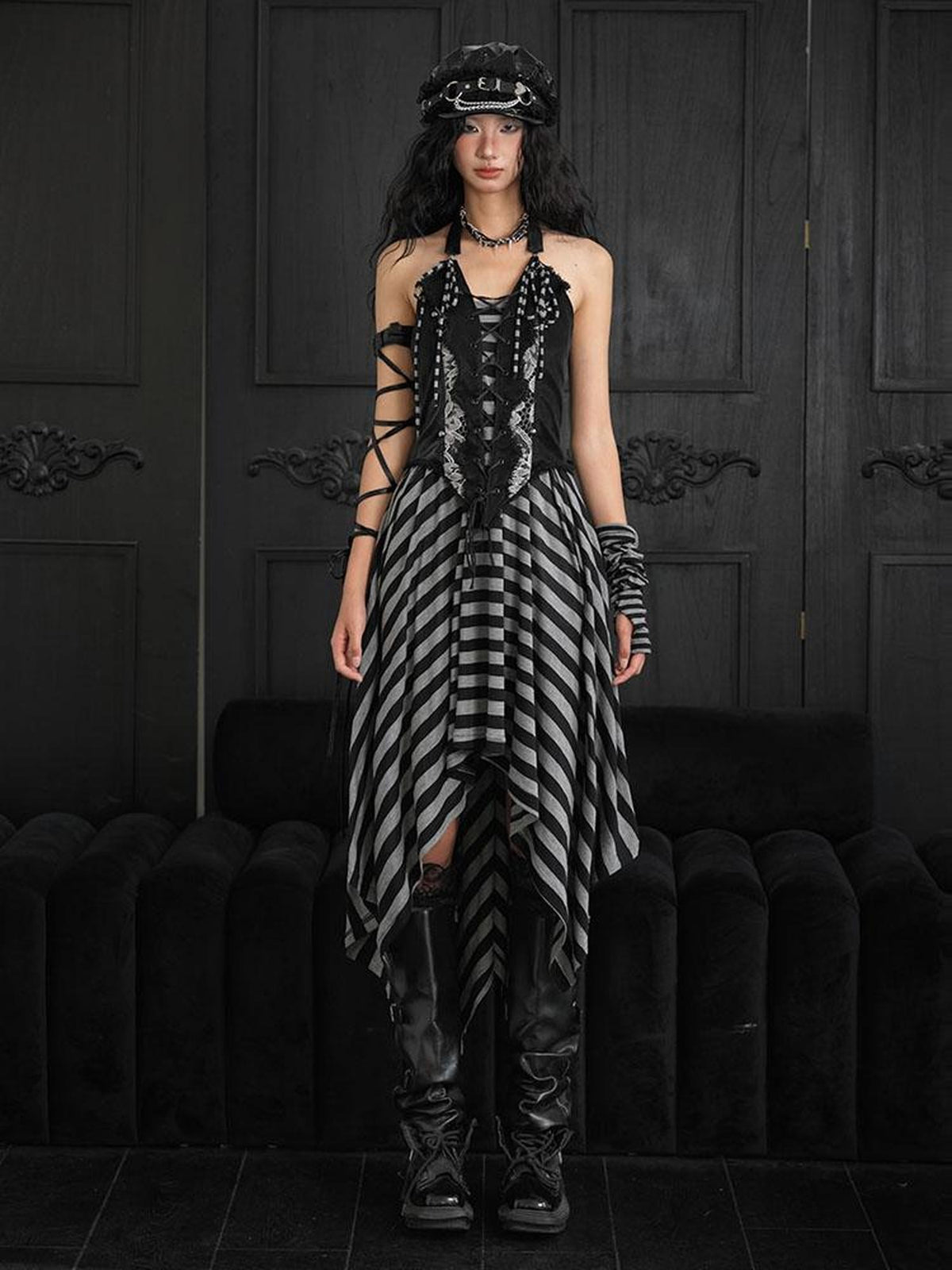 WSW WUSHENWU Lace Up Embroidered Open Back Faux Leather Women&