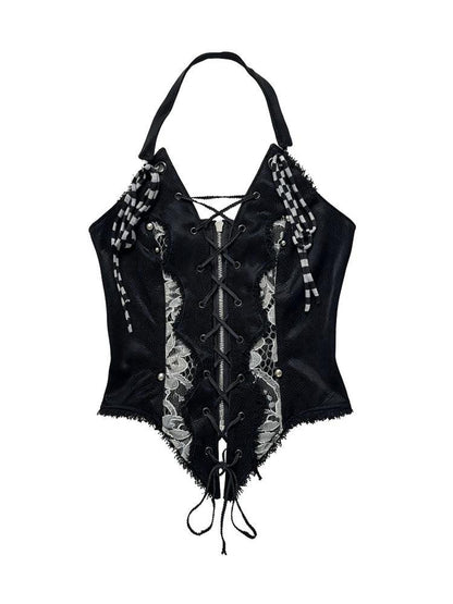 WSW WUSHENWU Lace Up Embroidered Open Back Faux Leather Women&