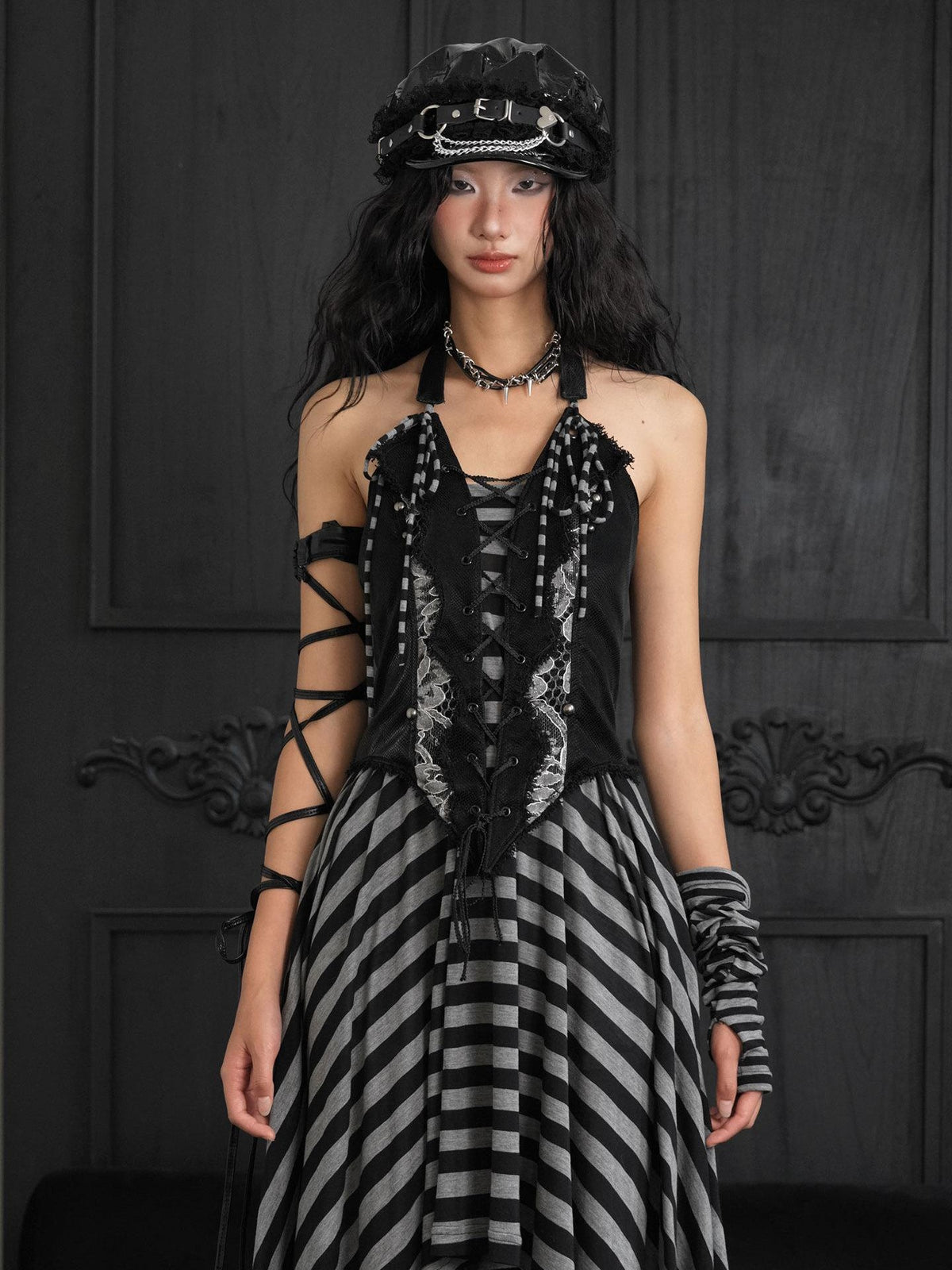WSW WUSHENWU Lace Up Embroidered Open Back Faux Leather Women&