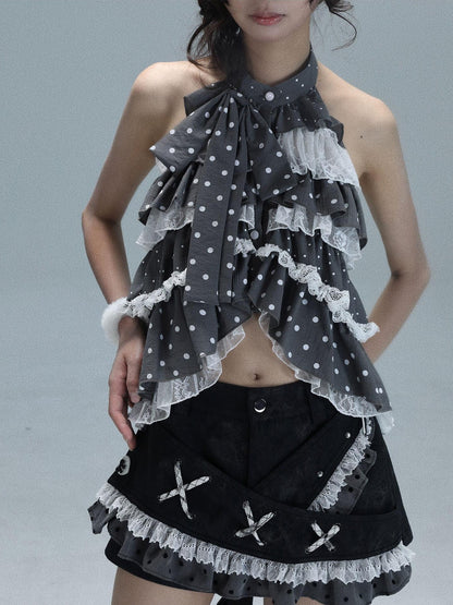 WSW WUSHENWU Light Gray Polka Dot Patchwork Open Back Sleeveless Tie Women&