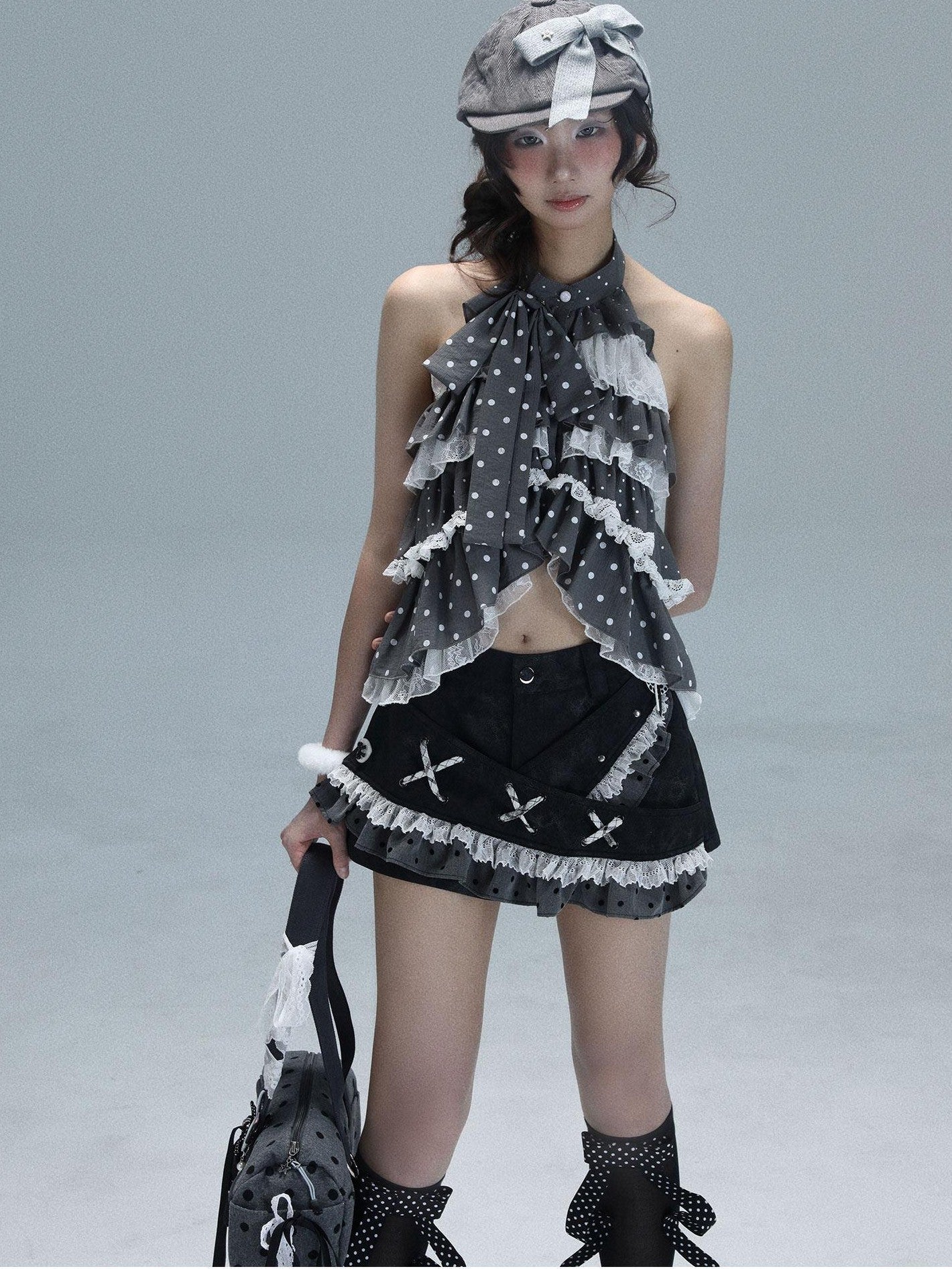 WSW WUSHENWU Light Gray Polka Dot Patchwork Open Back Sleeveless Tie Women&
