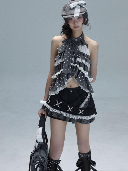 WSW WUSHENWU Light Gray Polka Dot Patchwork Open Back Sleeveless Tie Women&