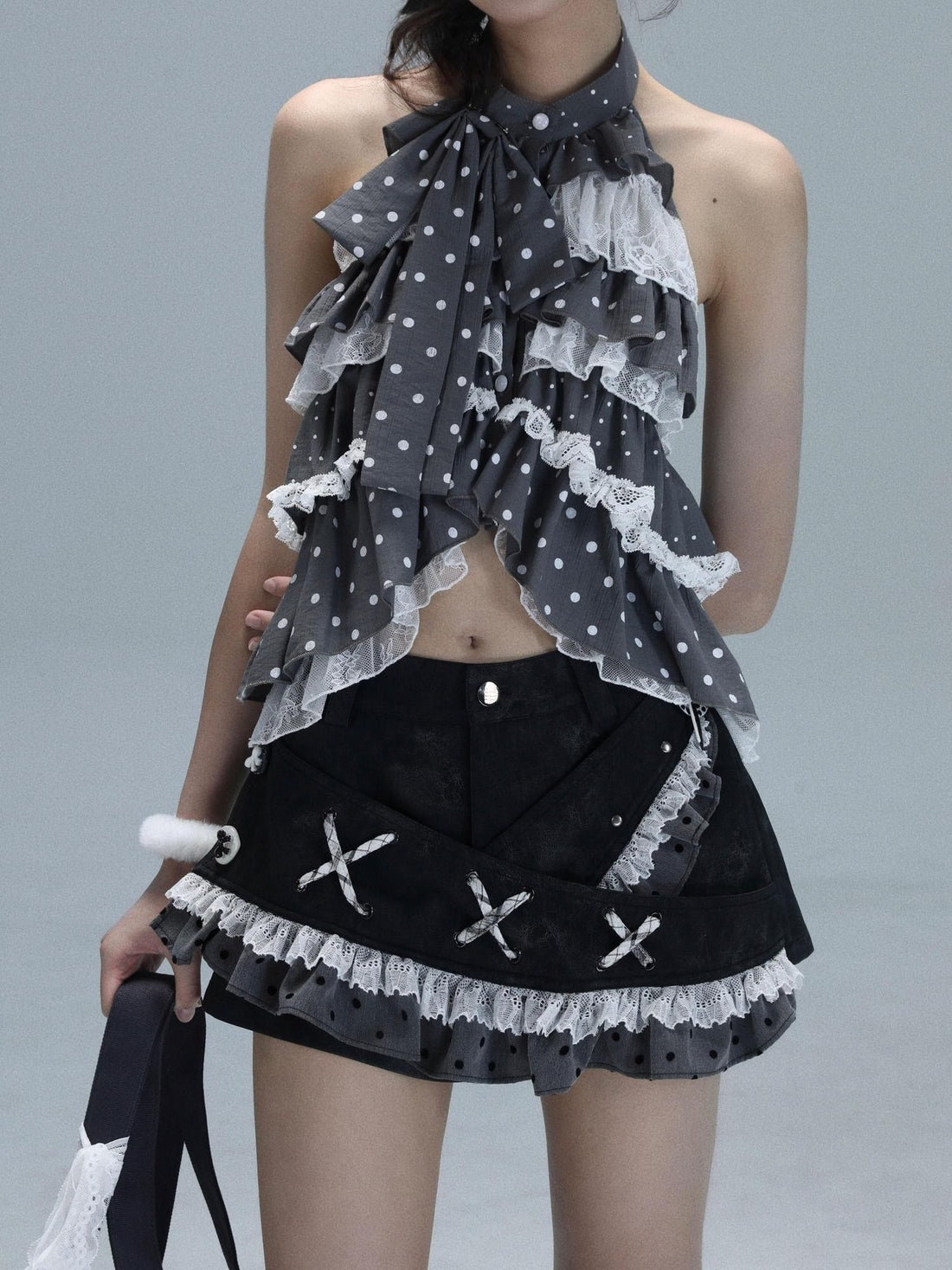 WSW WUSHENWU Light Gray Polka Dot Patchwork Open Back Sleeveless Tie Women&