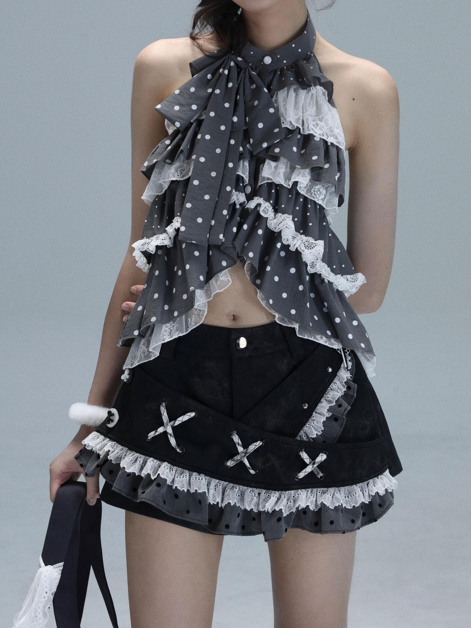 WSW WUSHENWU Light Gray Polka Dot Patchwork Open Back Sleeveless Tie Women&