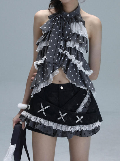 WSW WUSHENWU Light Gray Polka Dot Patchwork Open Back Sleeveless Tie Women&