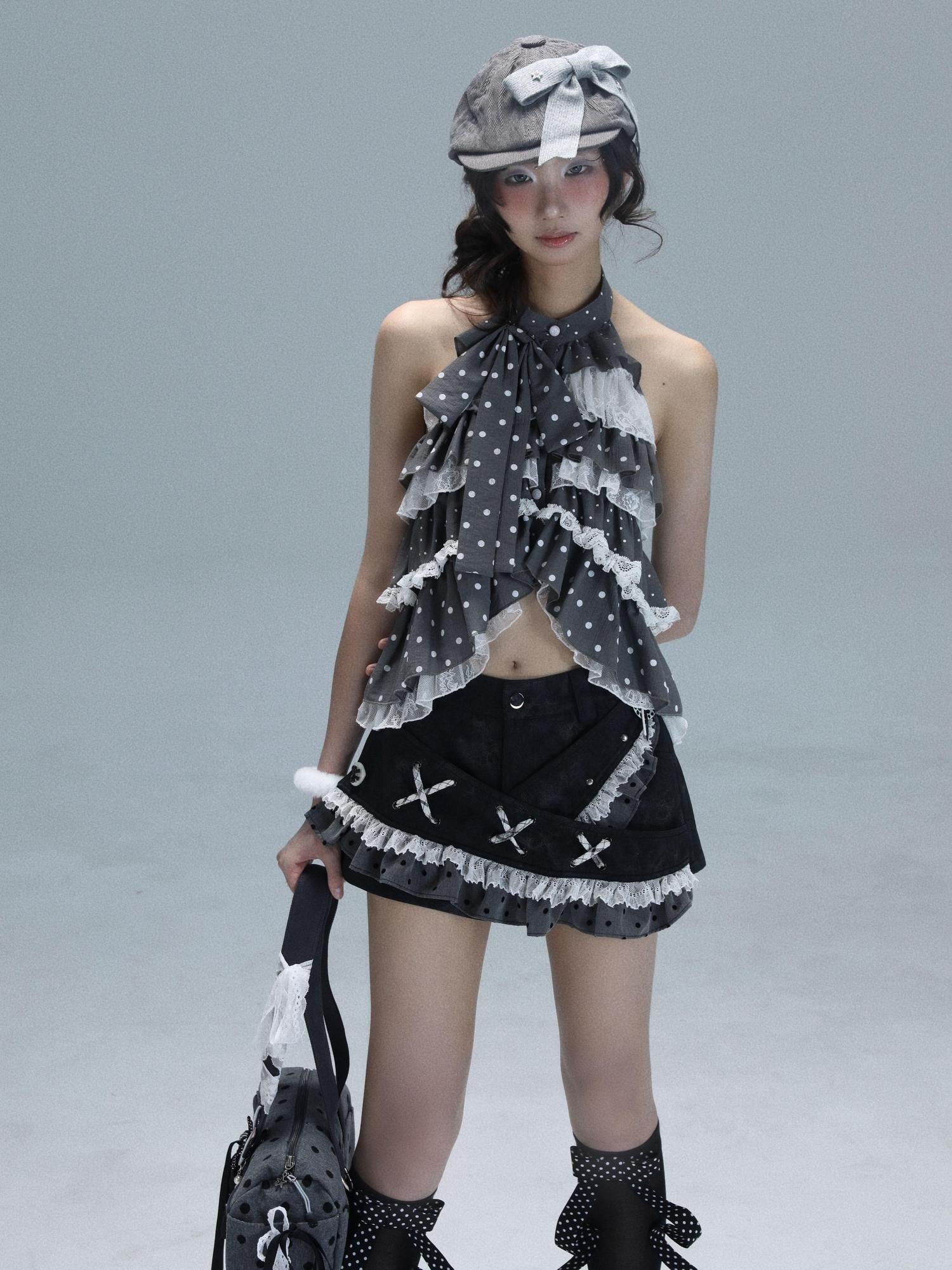WSW WUSHENWU Light Gray Polka Dot Patchwork Open Back Sleeveless Tie Women&