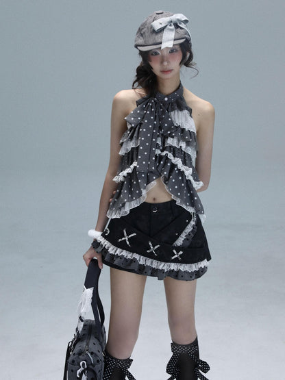 WSW WUSHENWU Light Gray Polka Dot Patchwork Open Back Sleeveless Tie Women&