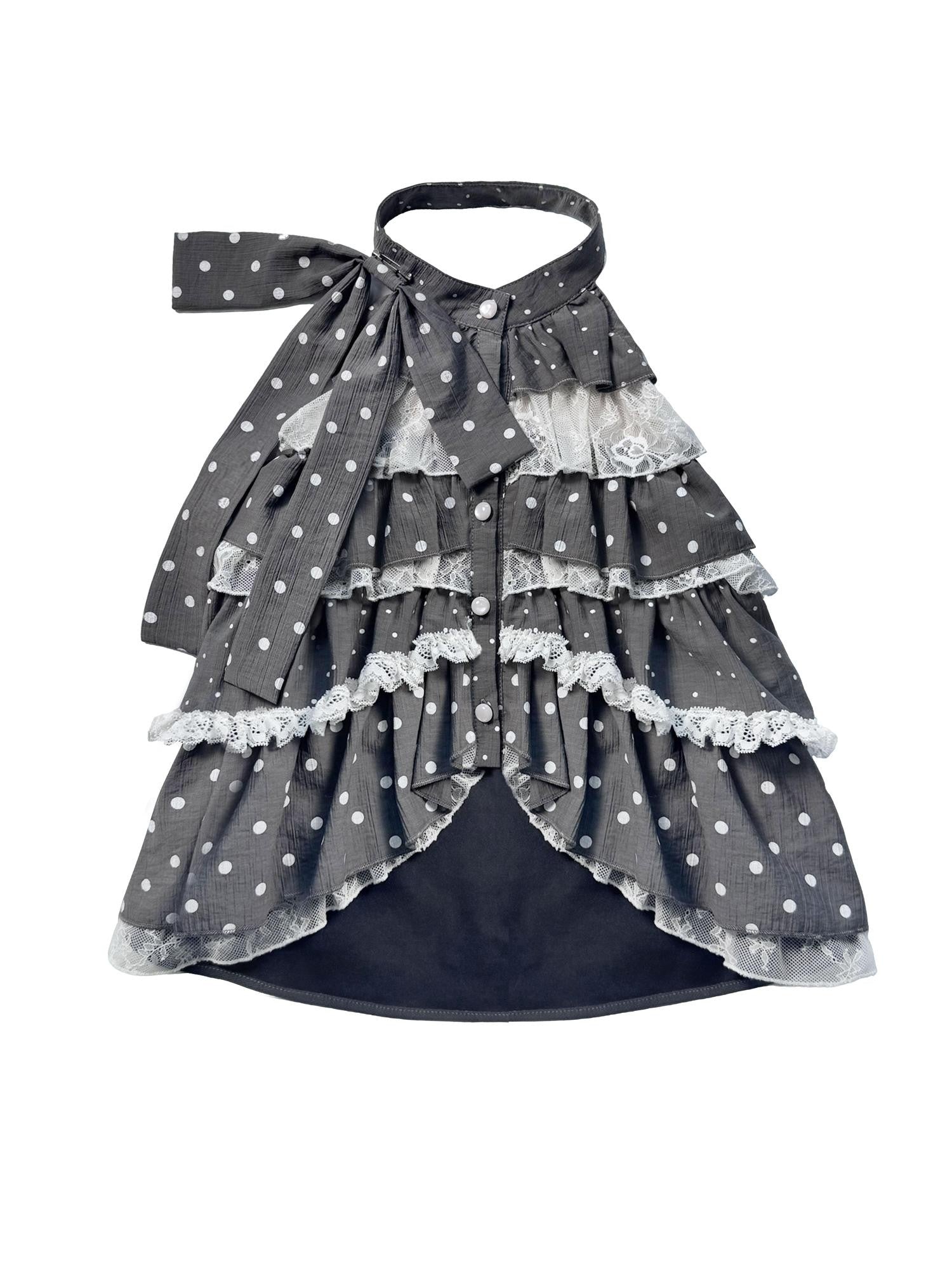 WSW WUSHENWU Light Gray Polka Dot Patchwork Open Back Sleeveless Tie Women&