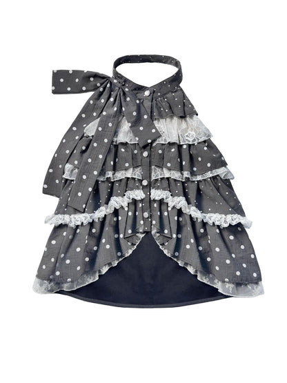 WSW WUSHENWU Light Gray Polka Dot Patchwork Open Back Sleeveless Tie Women&
