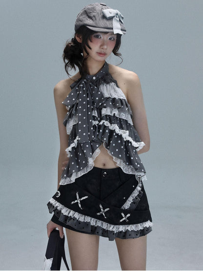 WSW WUSHENWU Light Gray Polka Dot Patchwork Open Back Sleeveless Tie Women&