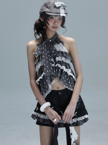 WSW WUSHENWU Light Gray Polka Dot Patchwork Open Back Sleeveless Tie Women&