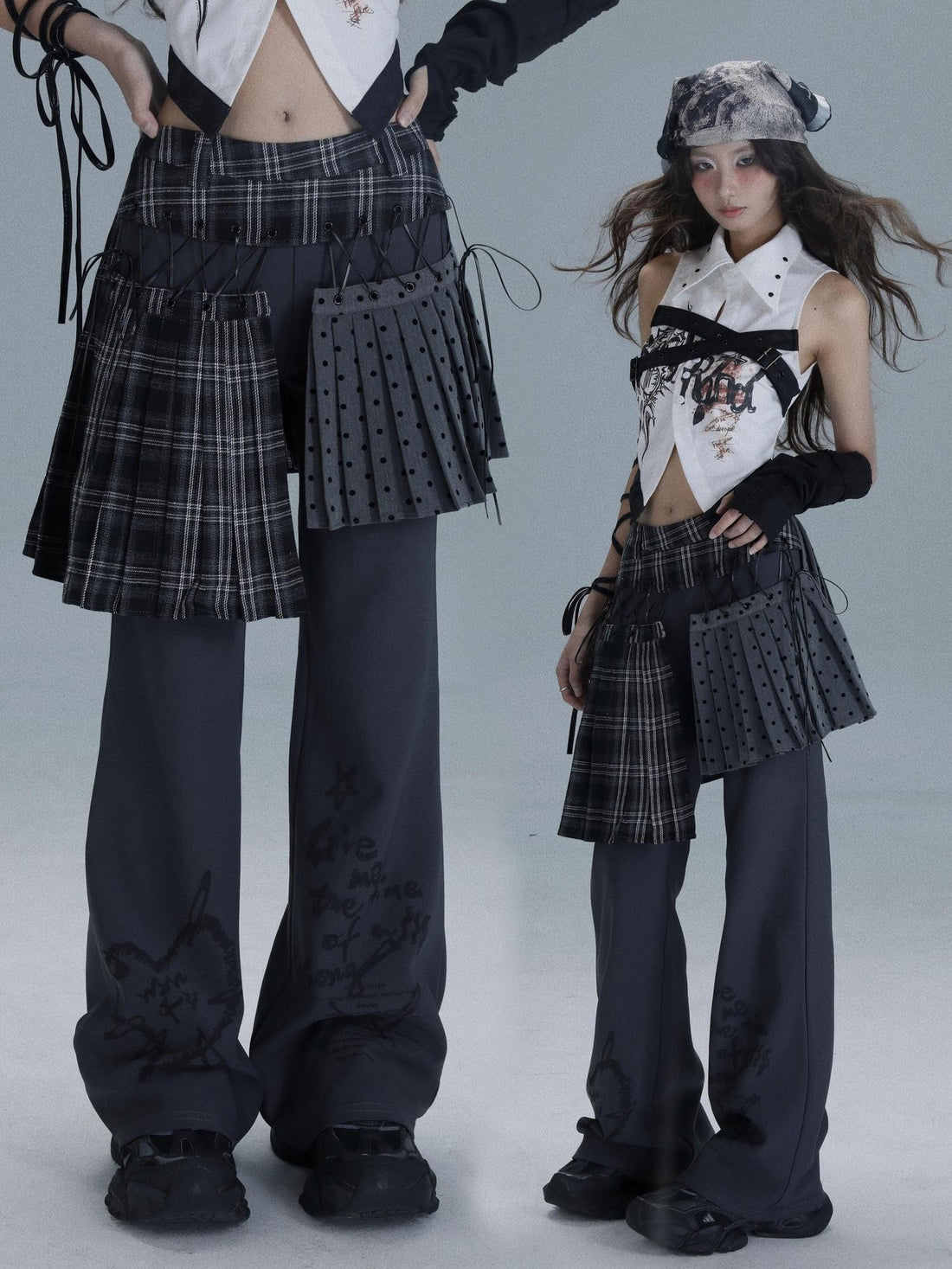 WSW WUSHENWU Plaid Polka Dot Patchwork Layered Women&