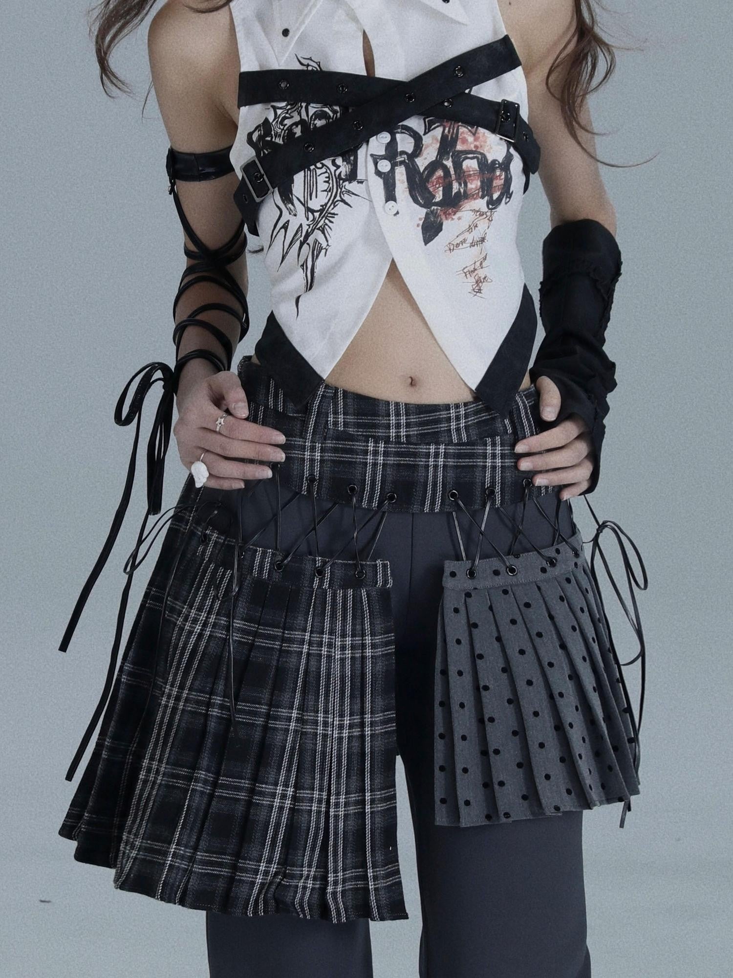 WSW WUSHENWU Plaid Polka Dot Patchwork Layered Women&