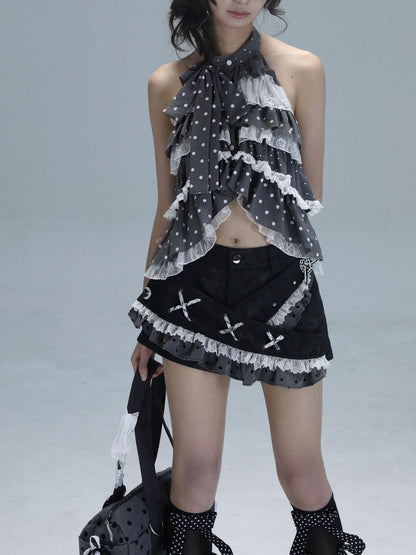 WSW WUSHENWU Polka Dot Ribbon Lace Patchwork Low Waist A Line Women&