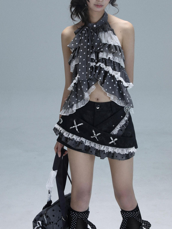Polka Dot Ribbon Lace Patchwork Low Waist A Line Women's Pu Skorts