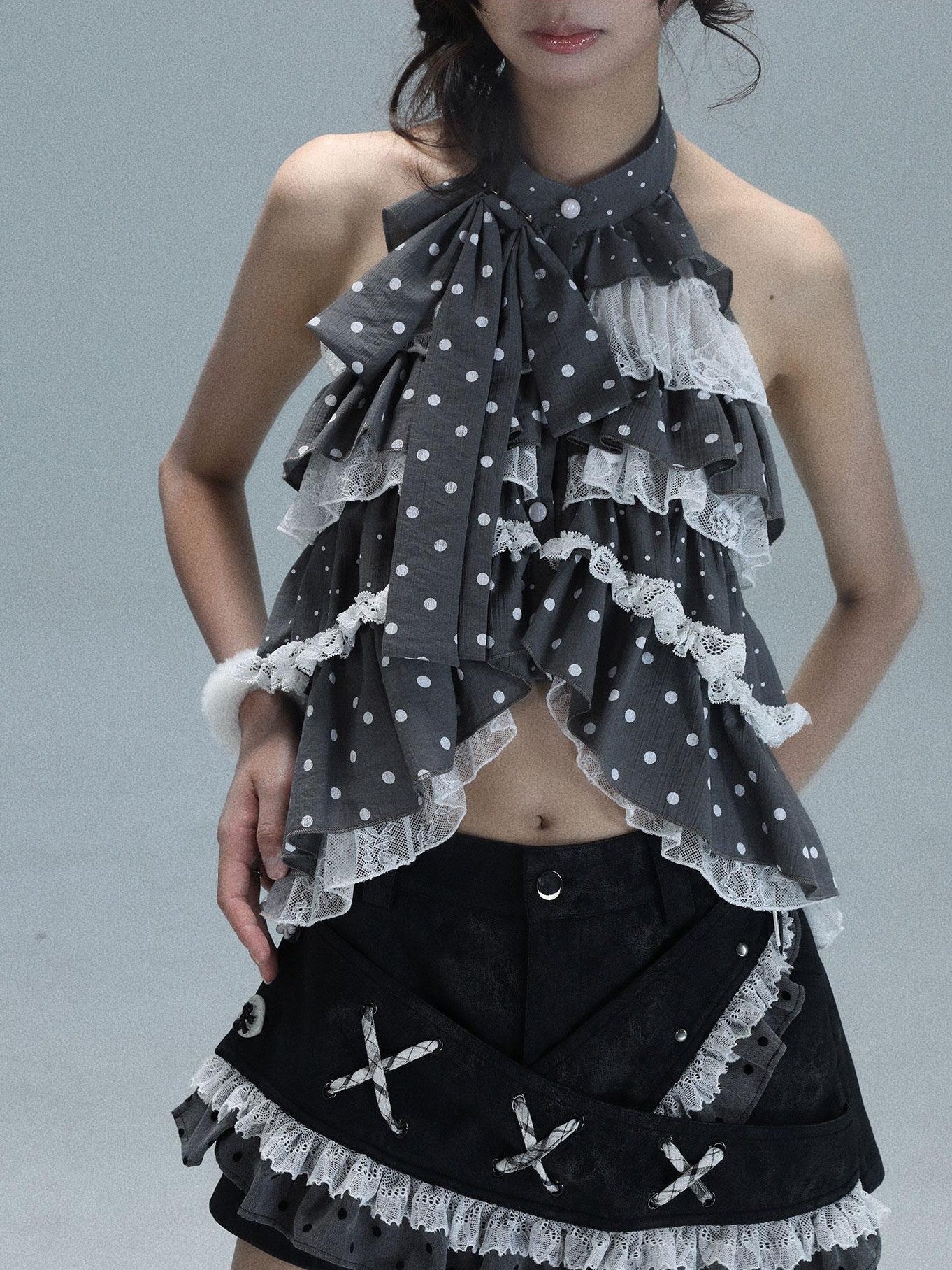 WSW WUSHENWU Polka Dot Ribbon Lace Patchwork Low Waist A Line Women&