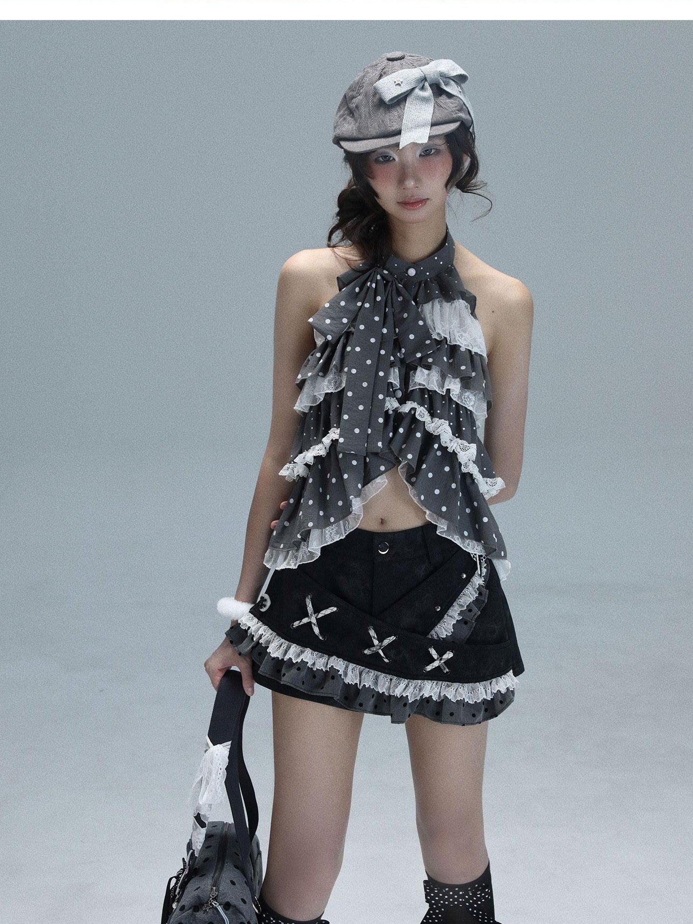 WSW WUSHENWU Polka Dot Ribbon Lace Patchwork Low Waist A Line Women&