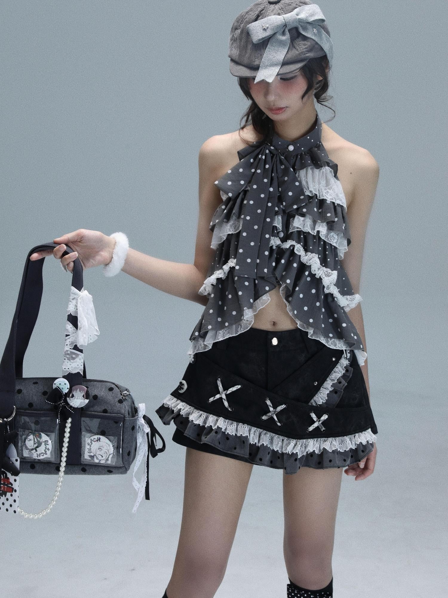 WSW WUSHENWU Polka Dot Ribbon Lace Patchwork Low Waist A Line Women&