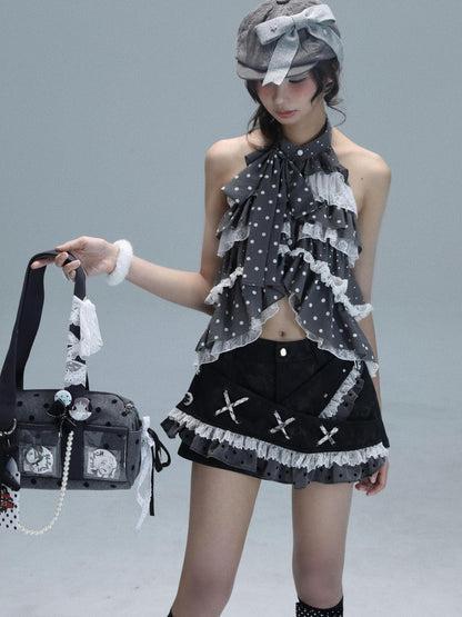 WSW WUSHENWU Polka Dot Ribbon Lace Patchwork Low Waist A Line Women&