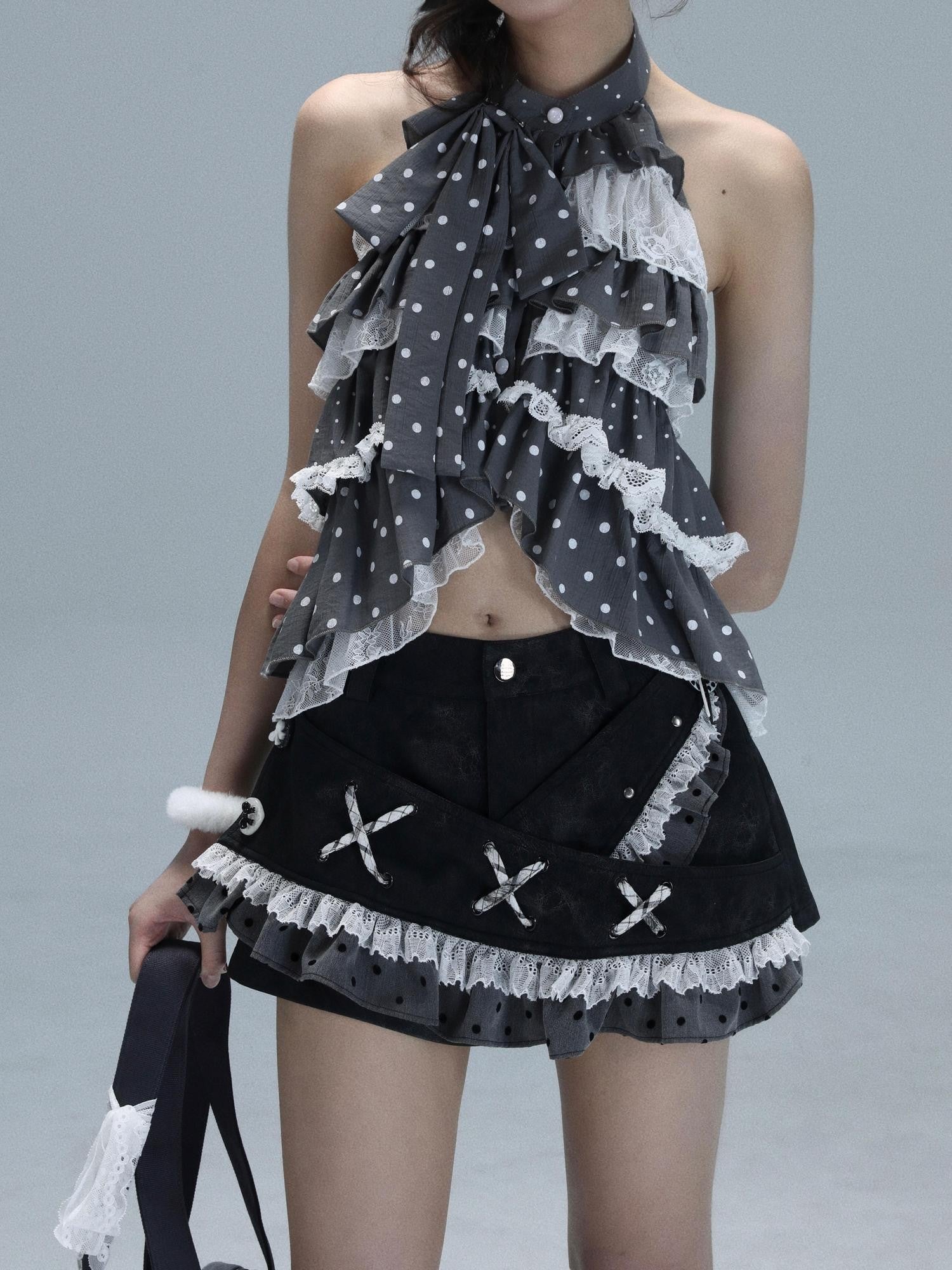 WSW WUSHENWU Polka Dot Ribbon Lace Patchwork Low Waist A Line Women&