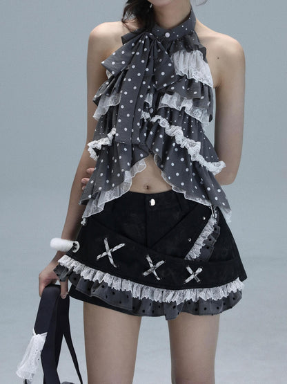 WSW WUSHENWU Polka Dot Ribbon Lace Patchwork Low Waist A Line Women&