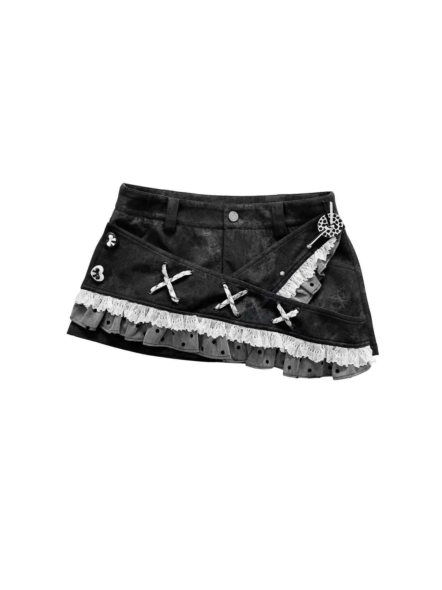 WSW WUSHENWU Polka Dot Ribbon Lace Patchwork Low Waist A Line Women&