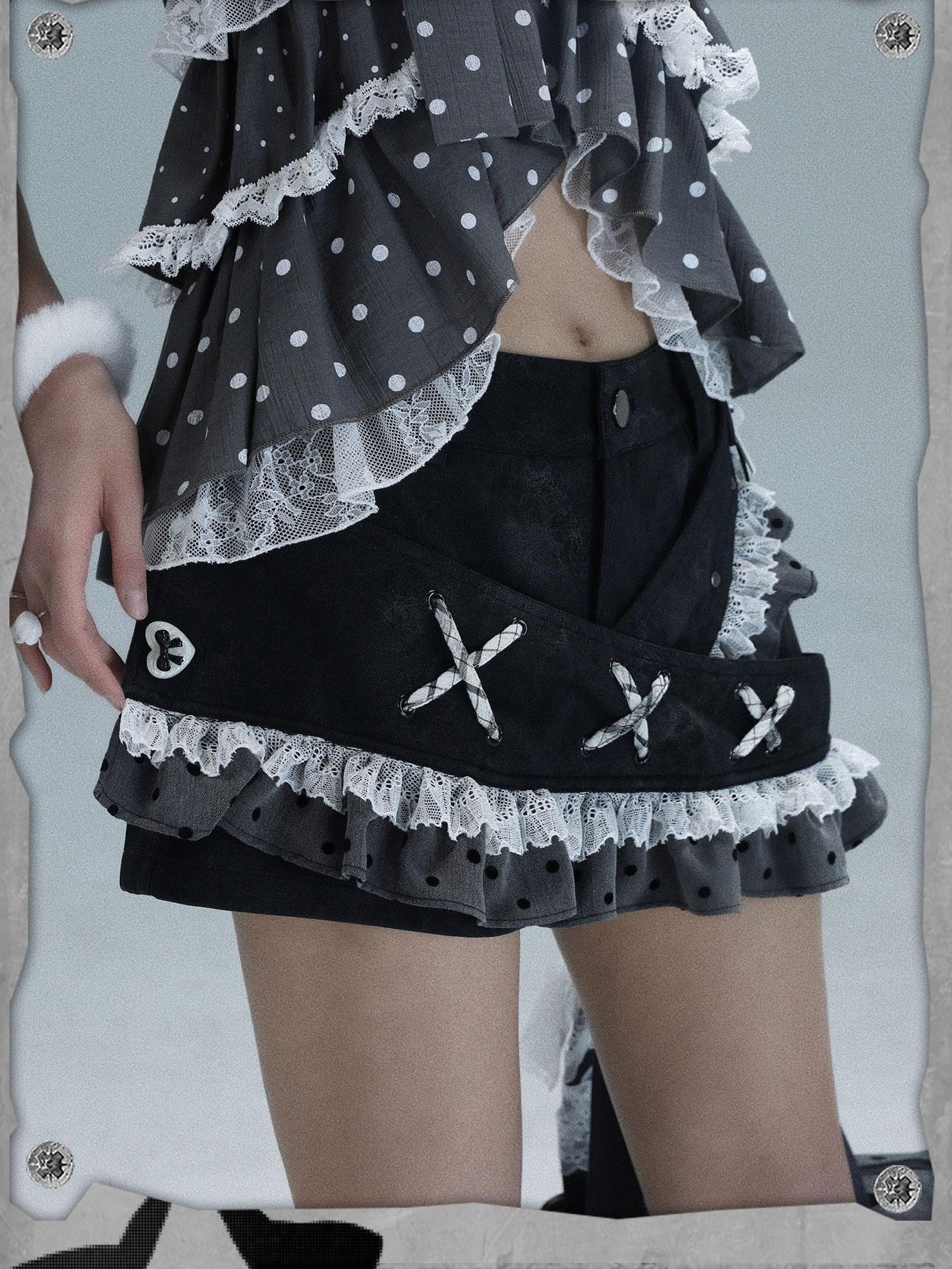 WSW WUSHENWU Polka Dot Ribbon Lace Patchwork Low Waist A Line Women&