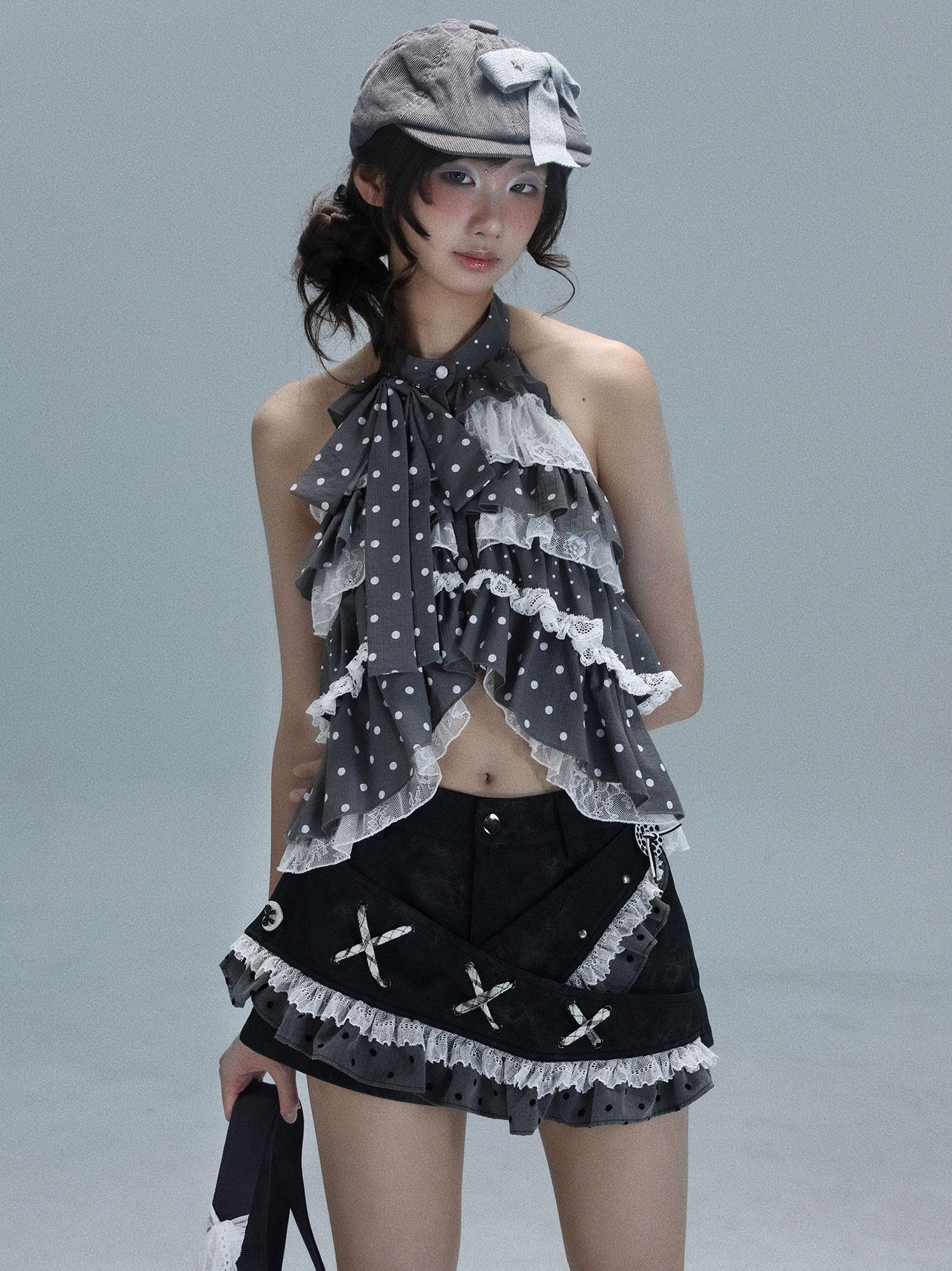 WSW WUSHENWU Polka Dot Ribbon Lace Patchwork Low Waist A Line Women&