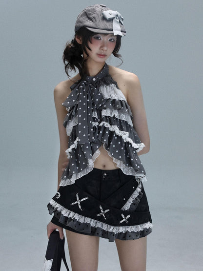 WSW WUSHENWU Polka Dot Ribbon Lace Patchwork Low Waist A Line Women&