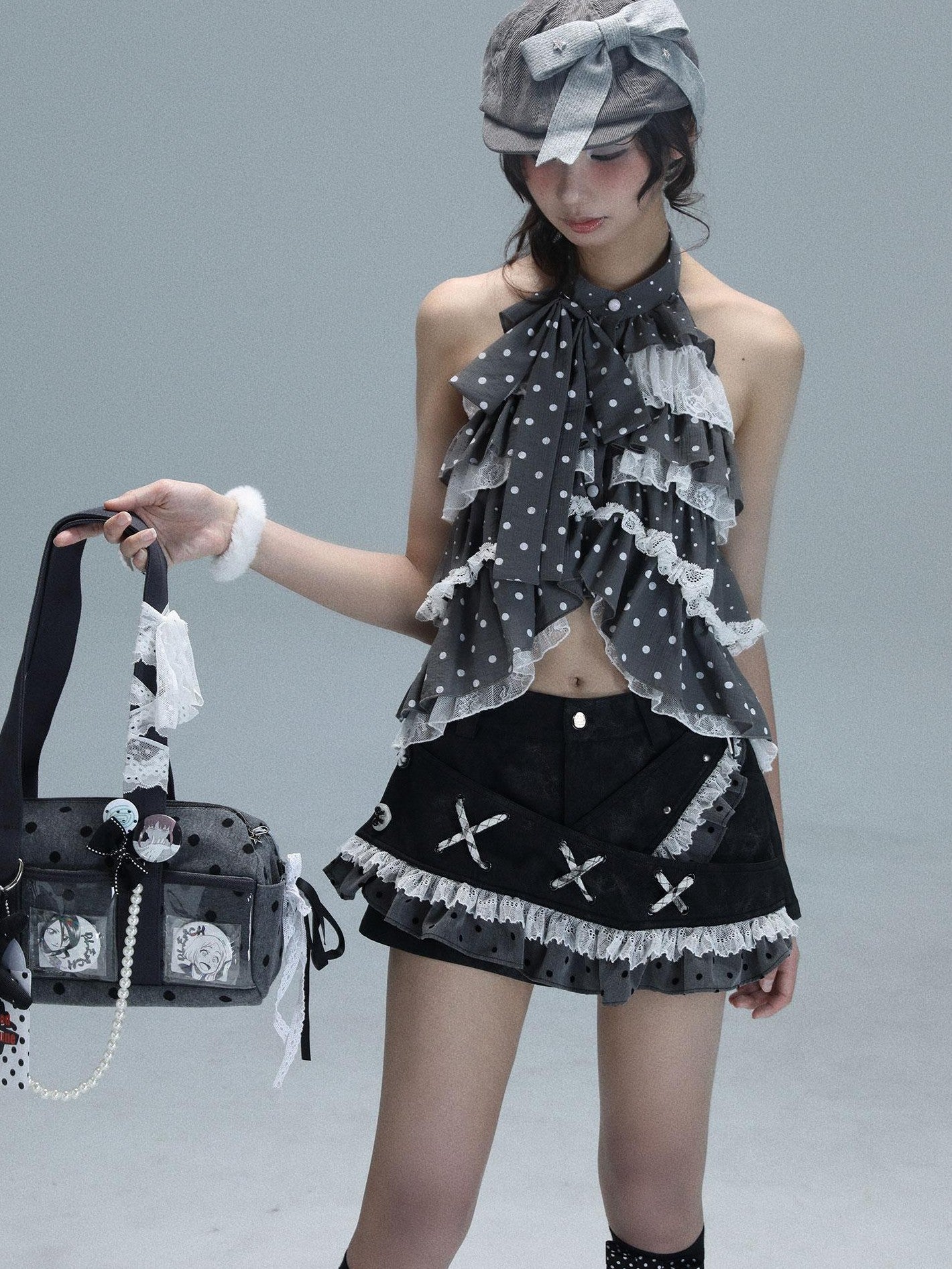 WSW WUSHENWU Polka Dot Ribbon Lace Patchwork Low Waist A Line Women&