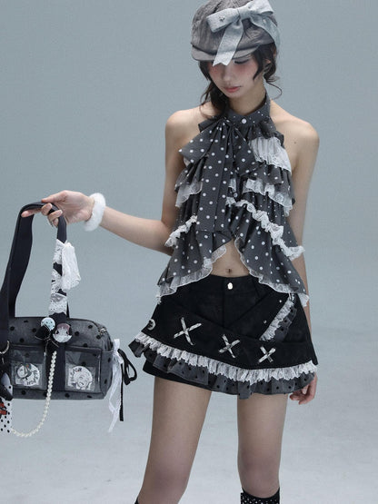 WSW WUSHENWU Polka Dot Ribbon Lace Patchwork Low Waist A Line Women&