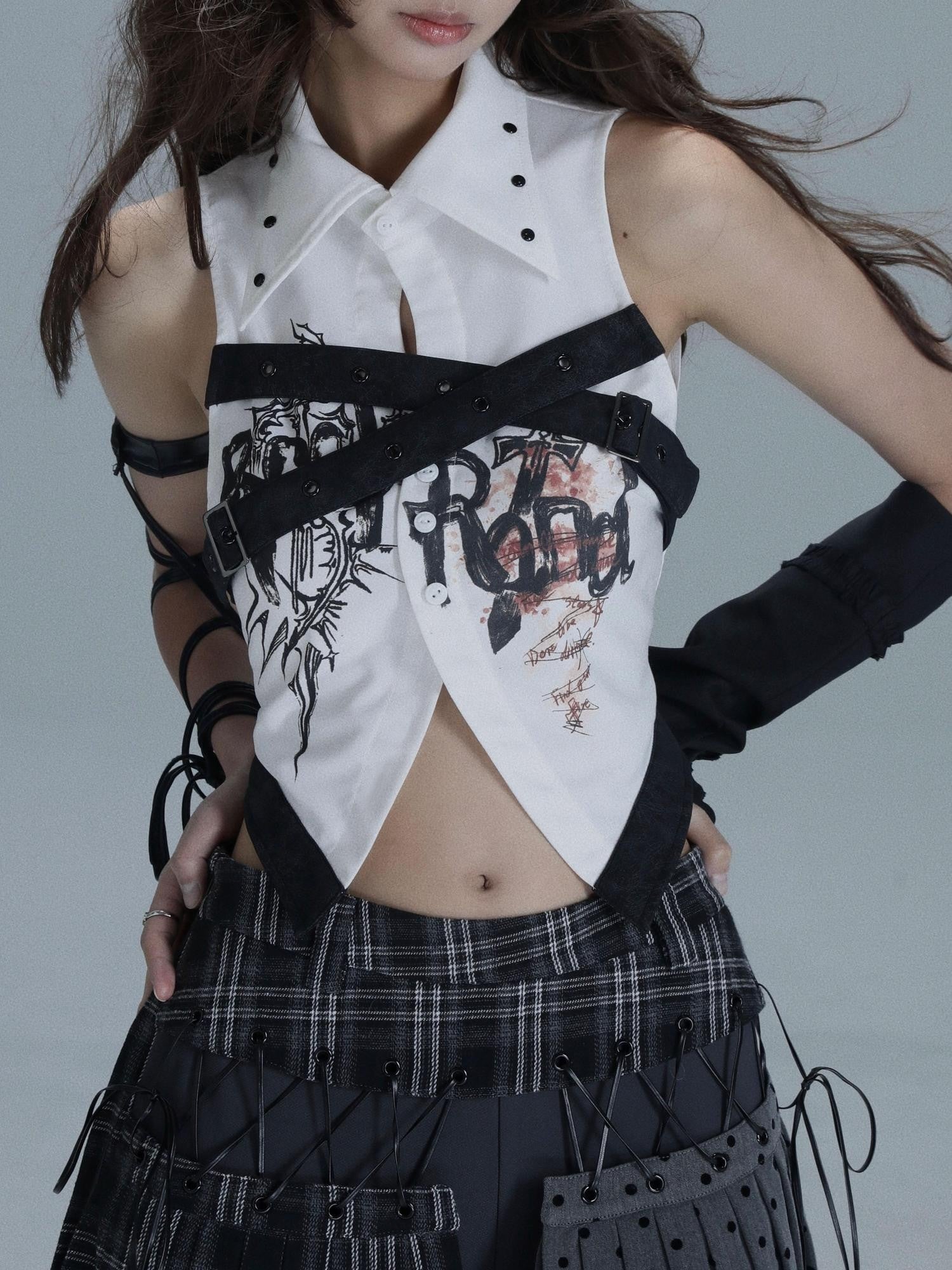 WSW WUSHENWU Printed Patchwork Punk Lapel Sleeveless Slim Cropped Women&