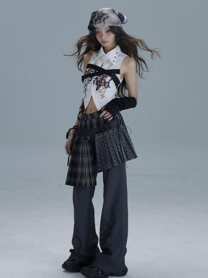 WSW WUSHENWU Printed Patchwork Punk Lapel Sleeveless Slim Cropped Women&