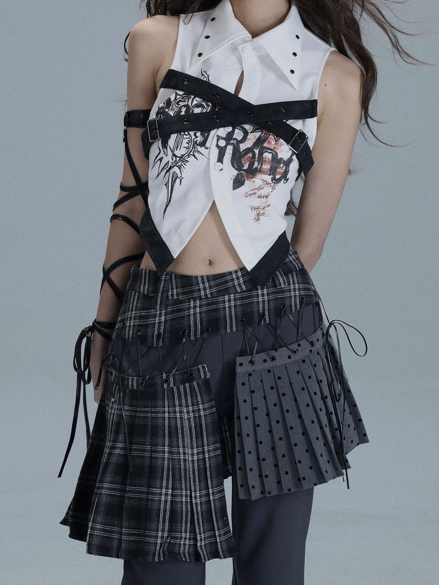 WSW WUSHENWU Printed Patchwork Punk Lapel Sleeveless Slim Cropped Women&