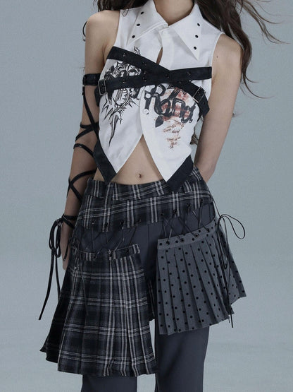 WSW WUSHENWU Printed Patchwork Punk Lapel Sleeveless Slim Cropped Women&