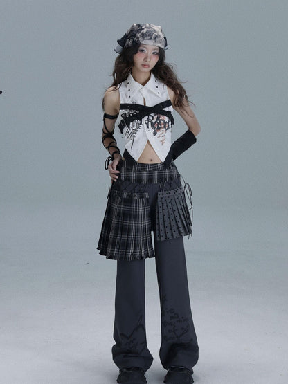 WSW WUSHENWU Printed Patchwork Punk Lapel Sleeveless Slim Cropped Women&