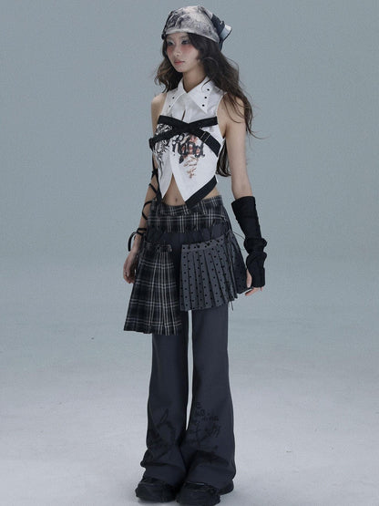 WSW WUSHENWU Printed Patchwork Punk Lapel Sleeveless Slim Cropped Women&