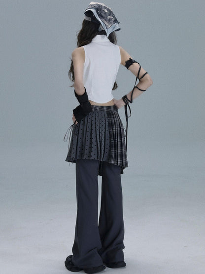 WSW WUSHENWU Printed Patchwork Punk Lapel Sleeveless Slim Cropped Women&