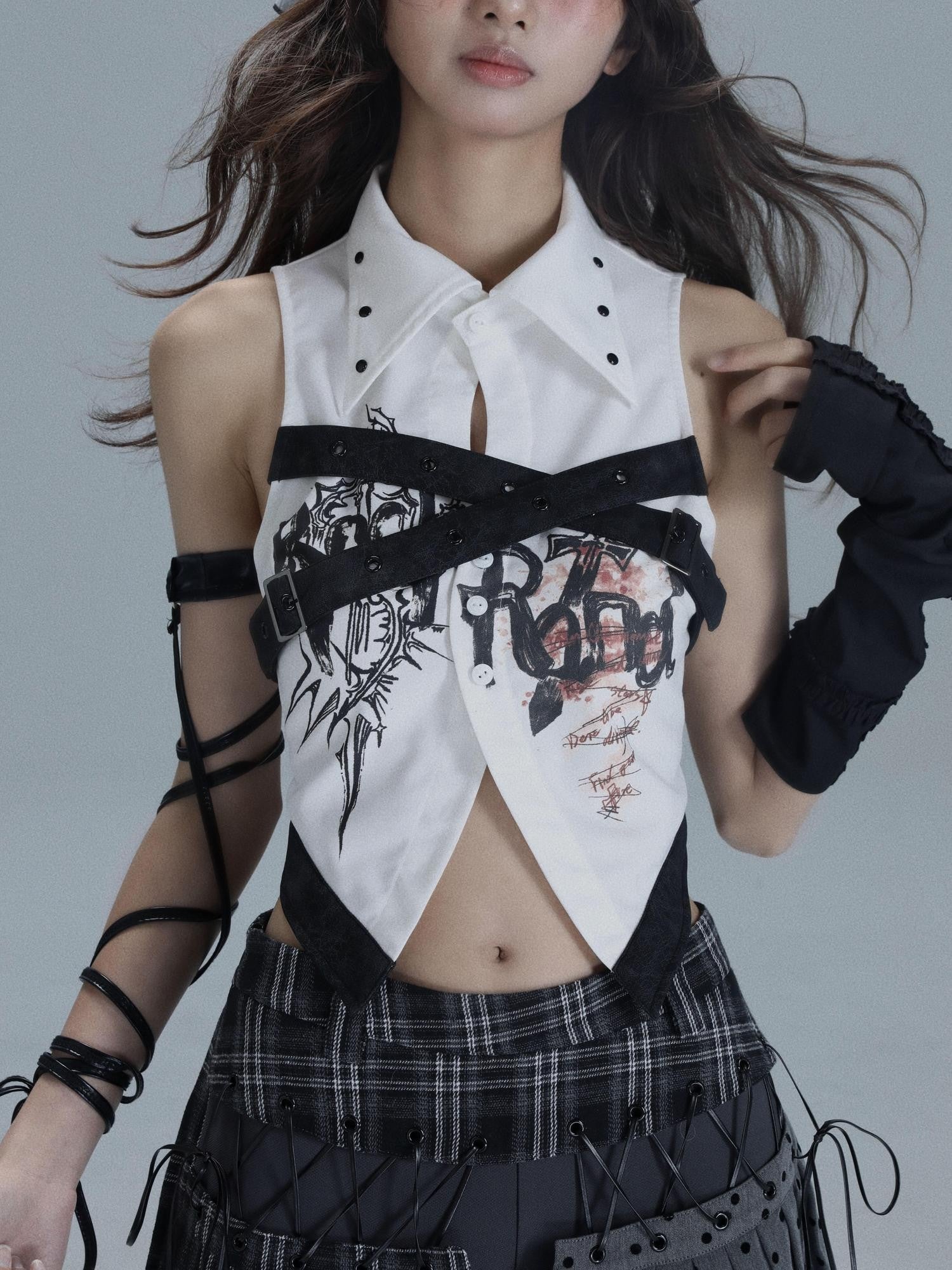 WSW WUSHENWU Printed Patchwork Punk Lapel Sleeveless Slim Cropped Women&