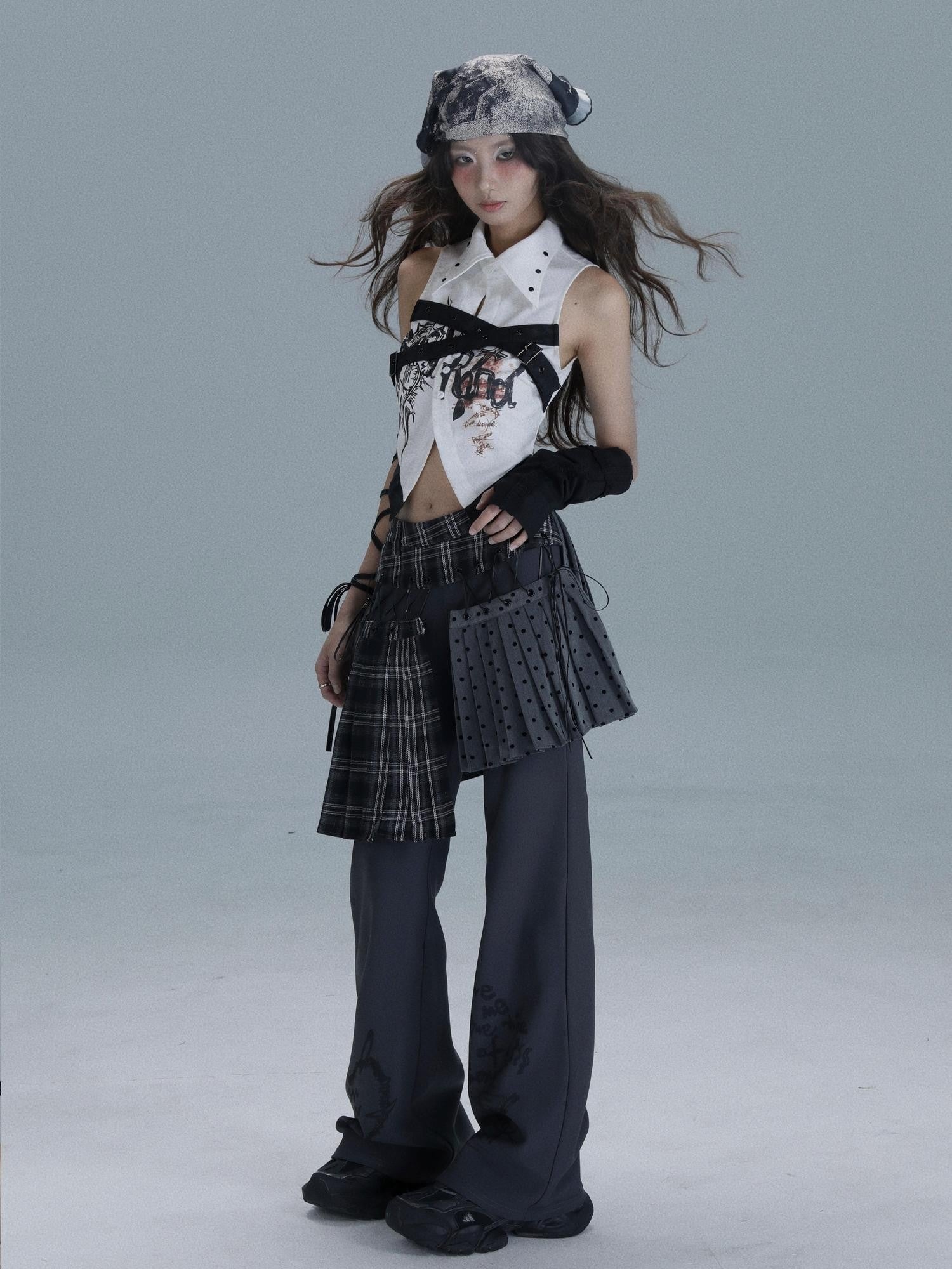 WSW WUSHENWU Printed Patchwork Punk Lapel Sleeveless Slim Cropped Women&