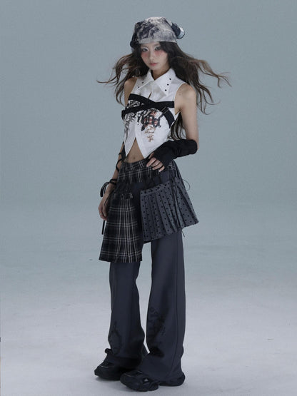 WSW WUSHENWU Printed Patchwork Punk Lapel Sleeveless Slim Cropped Women&
