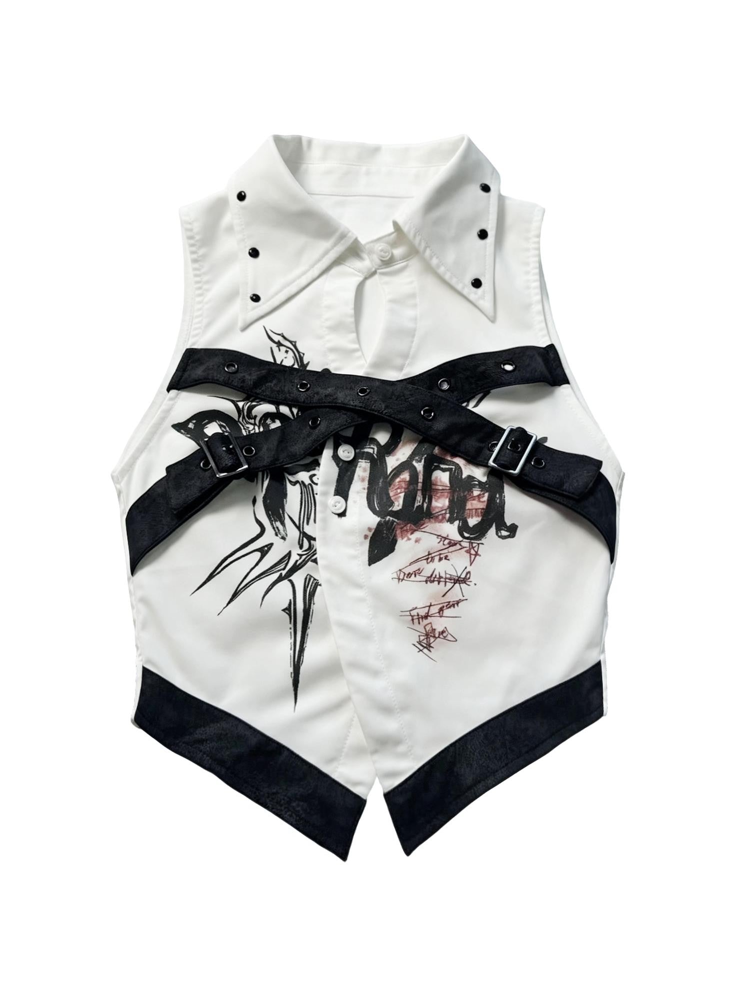 WSW WUSHENWU Printed Patchwork Punk Lapel Sleeveless Slim Cropped Women&